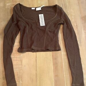 Urban Outfitters Chocolate Brown Ribbed Scoop-Neck Crop Long Sleeve Top